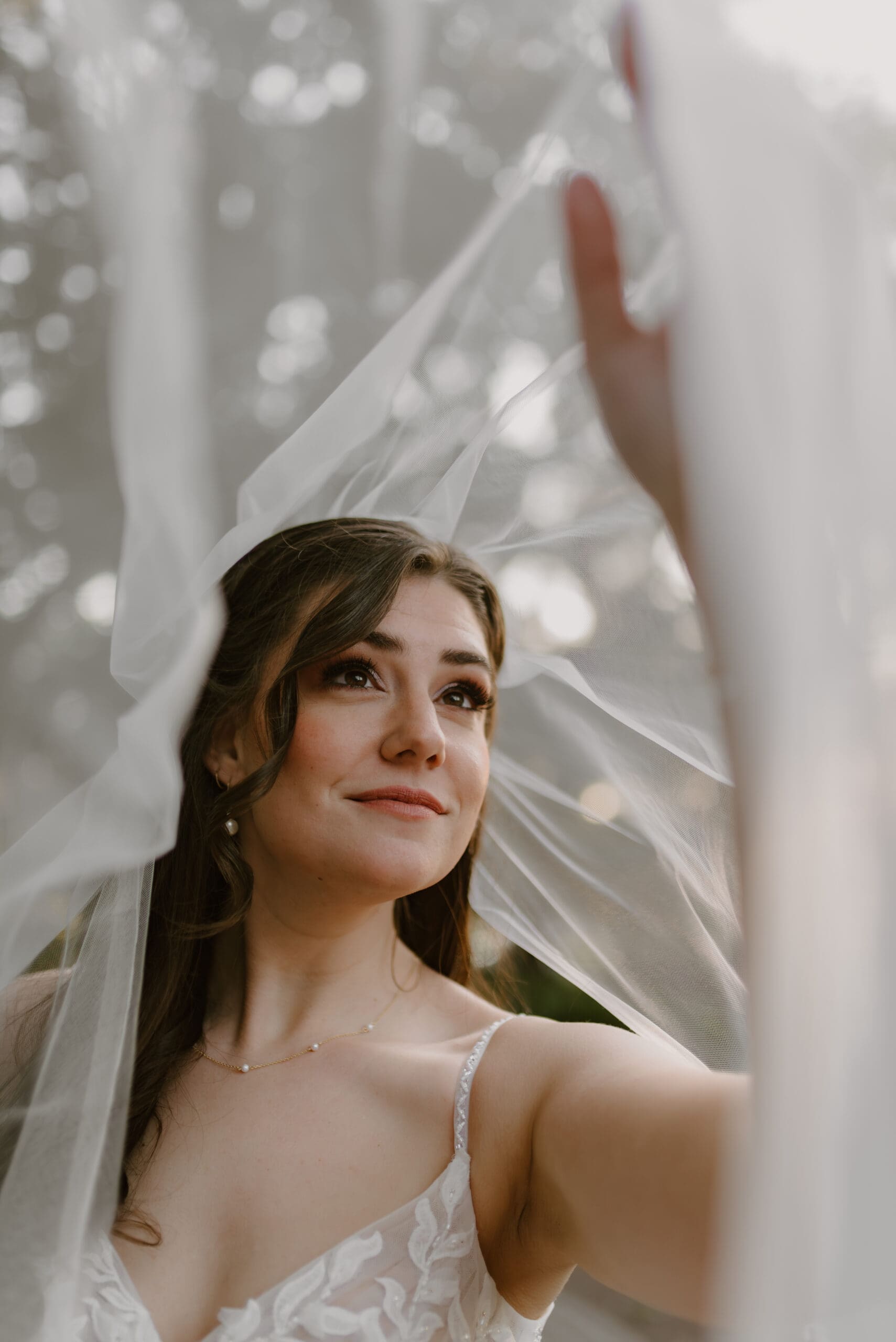 a bridal photo of a bride under her veil looking up towards the sky.